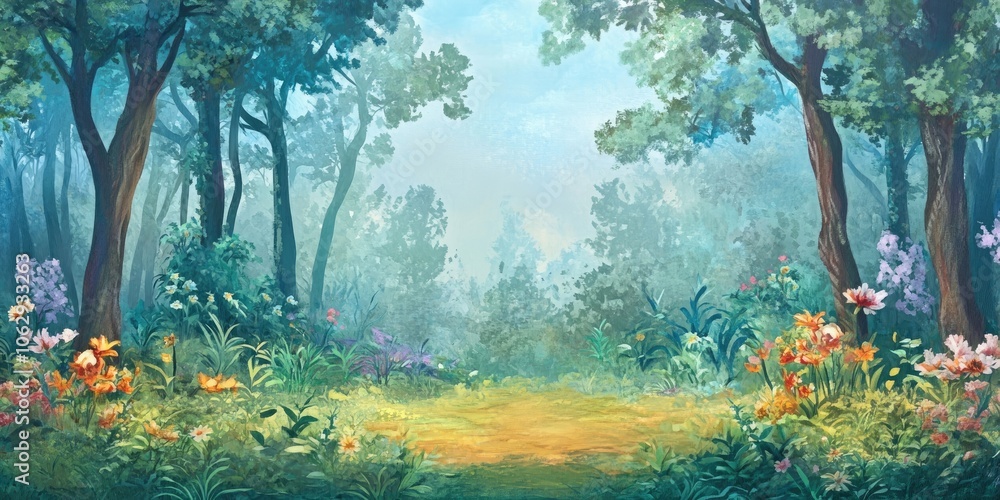 Aufkleber a magical forest backdrop featuring an unoccupied stage, creating an atmosphere filled with enchantm