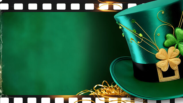St Partick's day concept, green hat cylinder on a green background, gold elements, space for text, movie frame