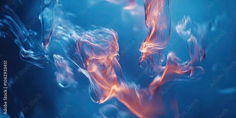 Poster blurry swirling forms of various shapes dance across a blue backdrop, creating an abstract visual ef