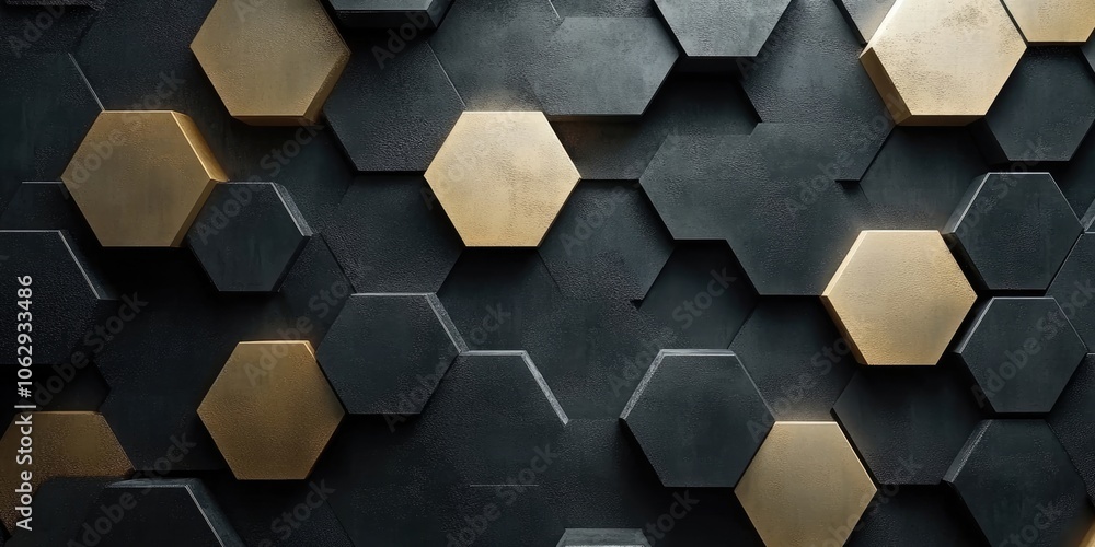 Poster The abstract textures of hexagonal grids, featuring different heights and shades, create a lively 3D effect set against a dark background.