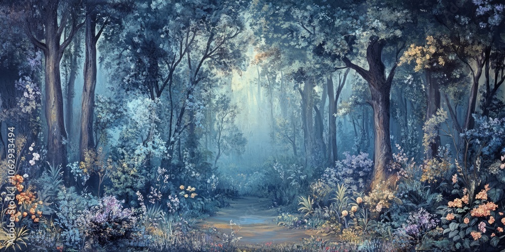 Poster a magical forest backdrop featuring an unoccupied stage, creating an atmosphere filled with enchantm
