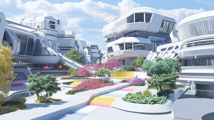 Fototapeta premium Innovative Retro-Futuristic Tech Campus: Ultra-Detailed 3D Render Illustration of Dynamic and Collaborative Space