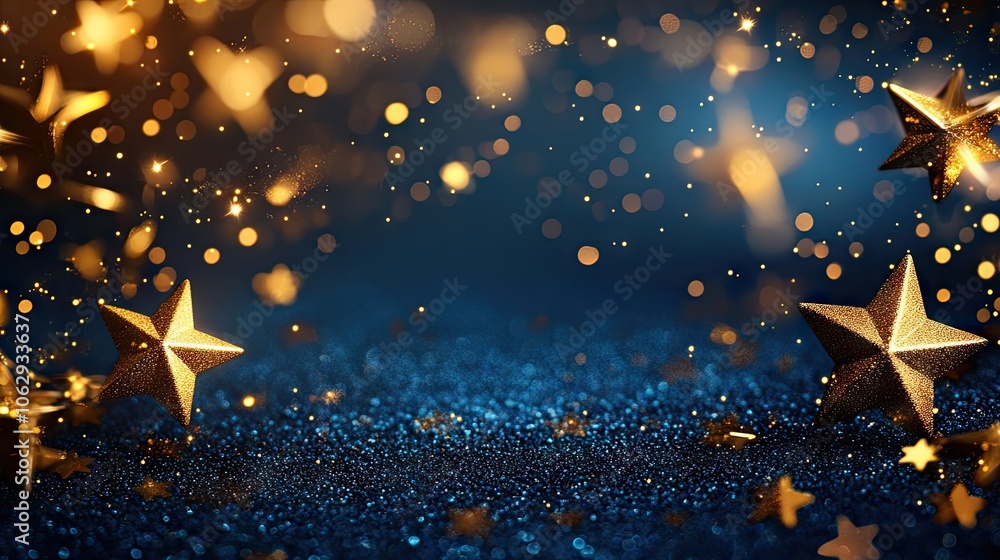 Poster blue sparkling background with golden stars creates a mesmerizing visual effect. this captivating bl
