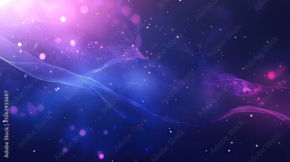 Poster dark blue and violet background filled with light lines in motion and scattered stars, creating a dy