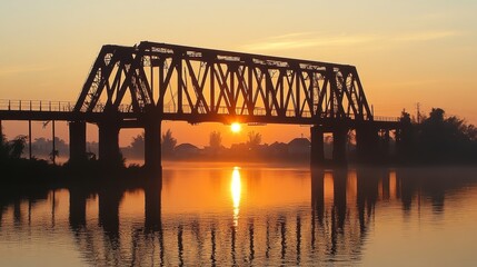 Naklejka premium Sunrise Through Steel Bridge Over River