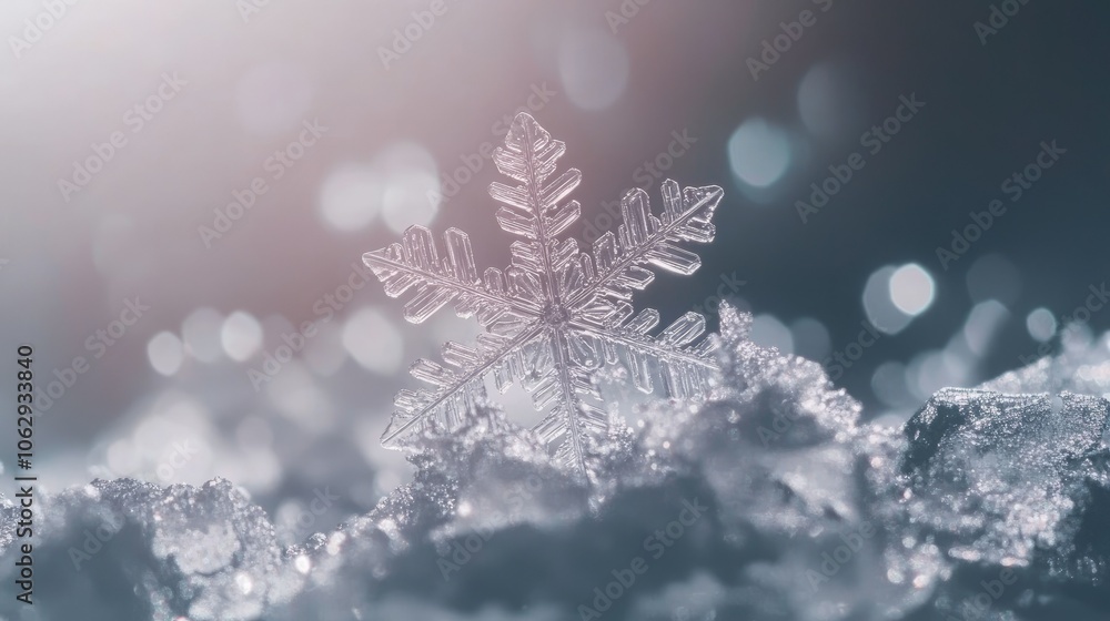Poster beautiful snowflake on frozen surface with sparkling backdrop