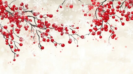 Delicate snowflakes descend softly on vibrant red berry branches, creating a serene winter scene filled with snowflakes and natures beauty, with ample copy space for design needs.