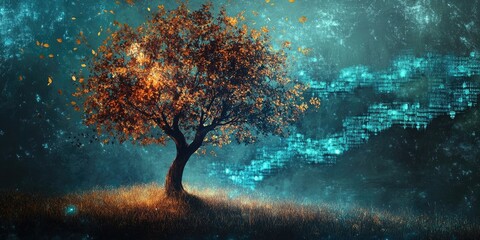 Uma representacao abstrata de uma arvore genealogica sobre um fundo digital. Refere se a ideia de ancestralidade e a busca relacionada a genealogia.