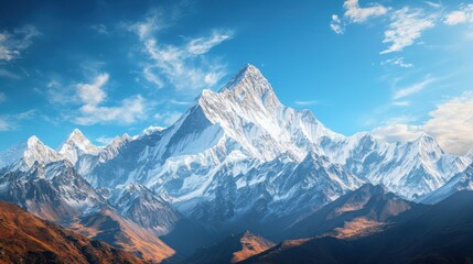 A serene landscape of towering mountains with snow-covered tops