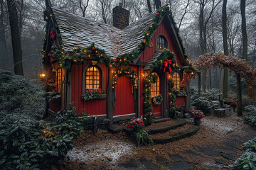 Fototapeta premium Front view of Santa Claus and Father Frost's residence. The wooden house is decorated with Christmas decorations. Generated by artificial intelligence