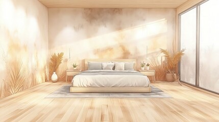 A cozy watercolor bedroom with light wooden flooring, a king-sized bed in the center, and empty space along the walls for future decor, creating an airy and open atmosphere.