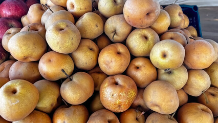 View of a pile of Asian pears on display at a local farmers' market.