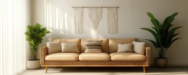 A cozy living room featuring a rattan sofa, decorative cushions, indoor plants, and a macramé wall hanging, all bathed in natural light.