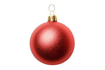A shiny red Christmas ornament with a glittering texture, isolated on white background. Concept of holiday decoration.