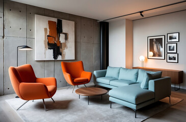Fototapeta premium Minimalist, loft interior design of modern living room. Vibrant orange armchairs near dark blue sofa against concrete wall