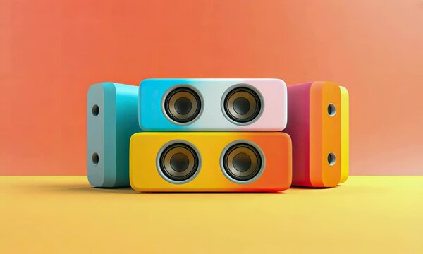 Colorful retro speakers stacked on a vibrant background