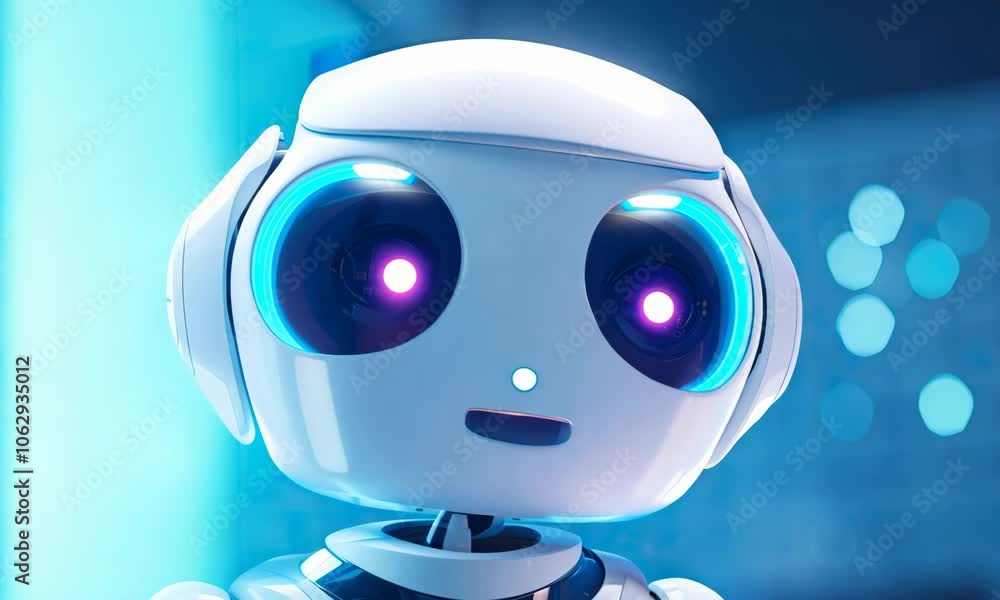 Poster Futuristic robot character with glowing eyes and friendly expression