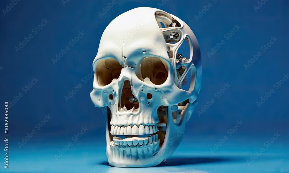 Poster detailed mechanical skull design showcasing intricate gears and structures
