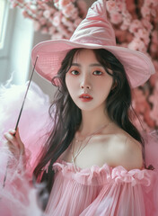 beautiful Korean witch in a pink castle, use her magic with magic wand and cauldron.