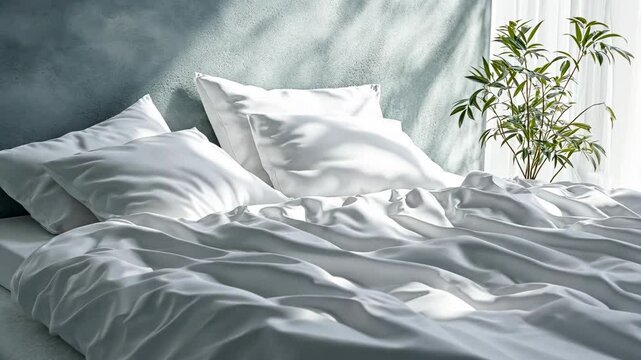 A bed with white sheets and pillows, is perfectly made in a bedroom with a window and a plant