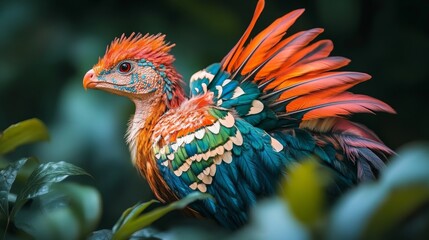Fototapeta premium Colorful Bird with Orange and Blue Feathers in Green Foliage