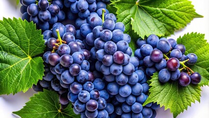 Obraz premium Aerial View of Dark Blue Grapes with Lush Green Leaves Isolated on White Background - Perfect for Food Photography, Healthy Eating, and Wine Themes
