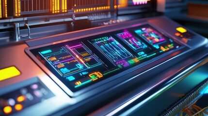 Modern futuristic control panel displays glowing neon holographic interfaces and complex digital data streams perfect for technology advertisements.