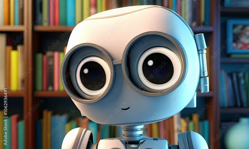Poster friendly robot character in a cozy library setting with books