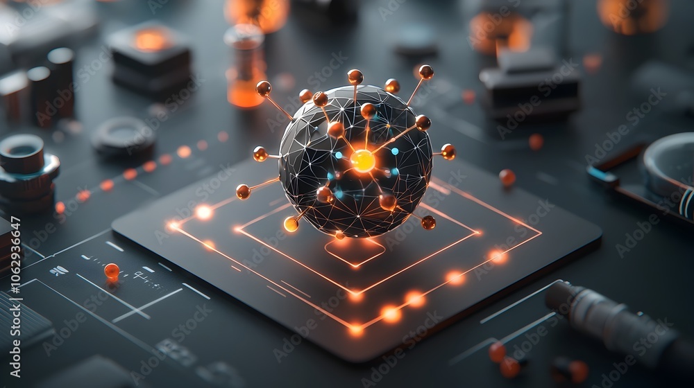 Poster captivating spherical molecule an ethereal of atomic patterns and digital art this stunning image sh