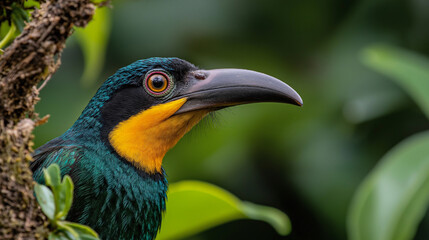 Obraz premium vibrant bird with striking yellow throat and dark green feathers perched among lush foliage, showcasing its vivid colors and sharp beak