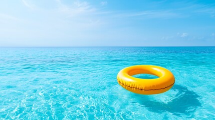 Obraz premium Yellow inflatable ring floating on calm turquoise ocean water.