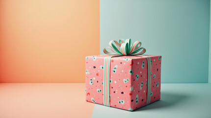 Elegant Wrapped Gift Box with Colorful Ribbon on Vibrant and Minimalist Background for Celebrations and Occasions