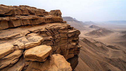 Expansive desert landscape with rugged sandstone cliffs, distant plateaus, and hazy sky, showcasing natural erosion and arid topography.
