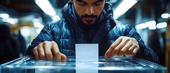 a person’s hand placing a ballot into a clear, transparent voting box, symbolizing democratic engagement and civic responsibility. close-up of person casting ballot into transparent voting box