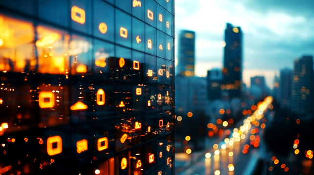 High-rise view with motivational icons, emphasizing bold risk-taking, dramatic tones, forward-thinking business concept