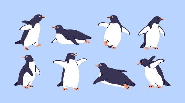 Cute penguins set. Adorable arctic antarctic birds in playful poses, waddling, walking, standing with wings. Polar animals, mammal characters, fauna from Antarctica. Isolated flat vector illustrations