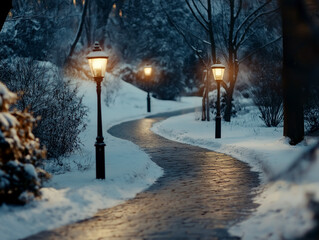 Picturesque winter park with pathways illuminated by elegant lamp posts, creating a magical atmosphere