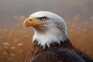 Fototapeta premium Majestic bald eagle with striking features, set against soft, blurred background. This powerful bird symbolizes freedom and strength, showcasing its impressive plumage and intense gaze