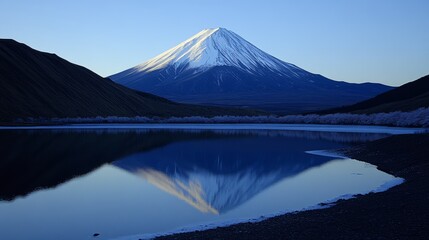 Mountain Reflection in Calm Lake at Dawn  Majestic Peak  Scenic Nature Landscape