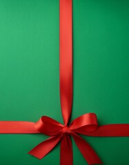 緑色の背景に赤いリボン。クリスマスプレゼントのイメージ。（Red ribbon on a green background. An image of a Christmas present.）
