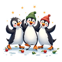 Obraz premium Embrace the joy of togetherness with these cheerful winter penguins in festive hats , digital illustration of character design concept.