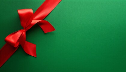 緑色の背景に赤いリボン。クリスマスプレゼントのイメージ。（Red ribbon on a green background. An image of a Christmas present.）
