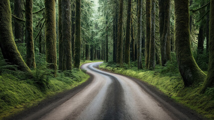 Winding dirt road through a dense, lush green forest with tall trees covered in moss, creating a serene and peaceful atmosphere in nature.