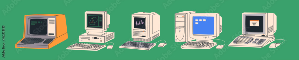 Aufkleber Retro 80s and 90s computers set. Old tech, 1980s computing machines with monitor, keyboard. PC technology history. Desktop equipment, 1990s electronic devices. Isolated flat vector illustrations