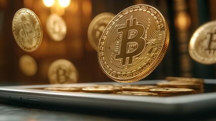 Golden Bitcoin Cryptocurrency Falling Onto Smartphone Screen