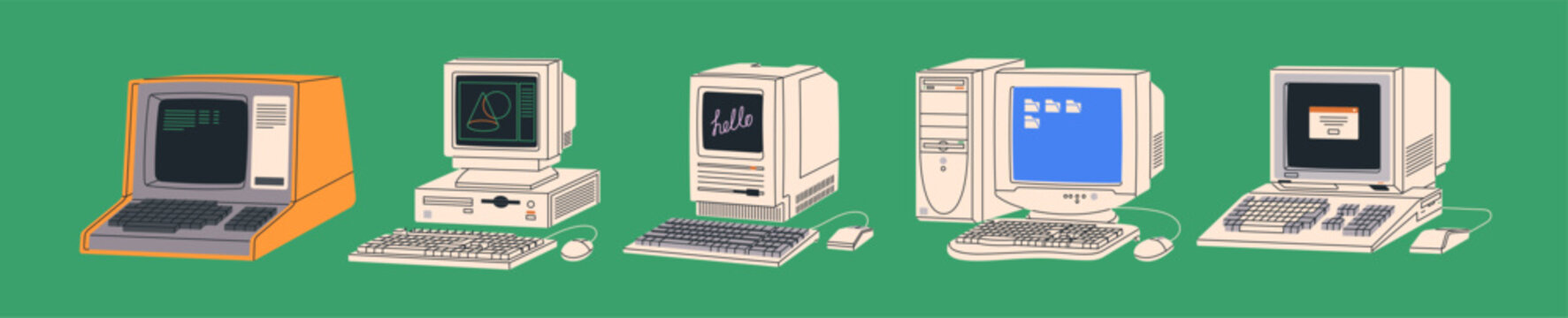 Retro 80s and 90s computers set. Old tech, 1980s computing machines with monitor, keyboard. PC technology history. Desktop equipment, 1990s electronic devices. Isolated flat vector illustrations