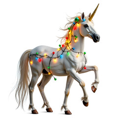 Naklejka premium A fantastical unicorn adorned with colorful lights brings joy to the festive season, 3d rendering of fantasy concept.