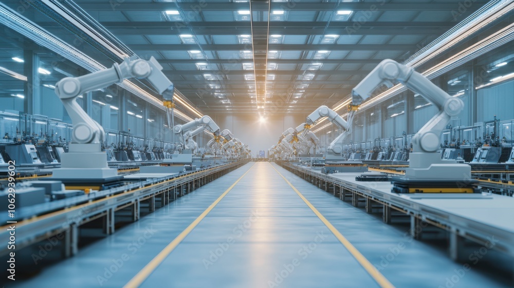 Poster a spacious factory floor featuring multiple robotic arms