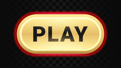 Gold button play game. Start now luxury banner symbol. Gaming ui click sign for casino or gambling app with neon light. Vector illustration