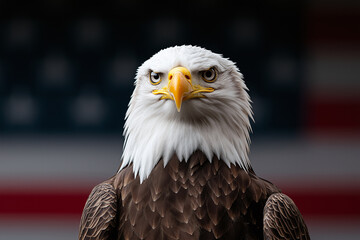 Naklejka premium Bald eagle close up with intense gaze against blurred American flag background, symbolizing strength and freedom